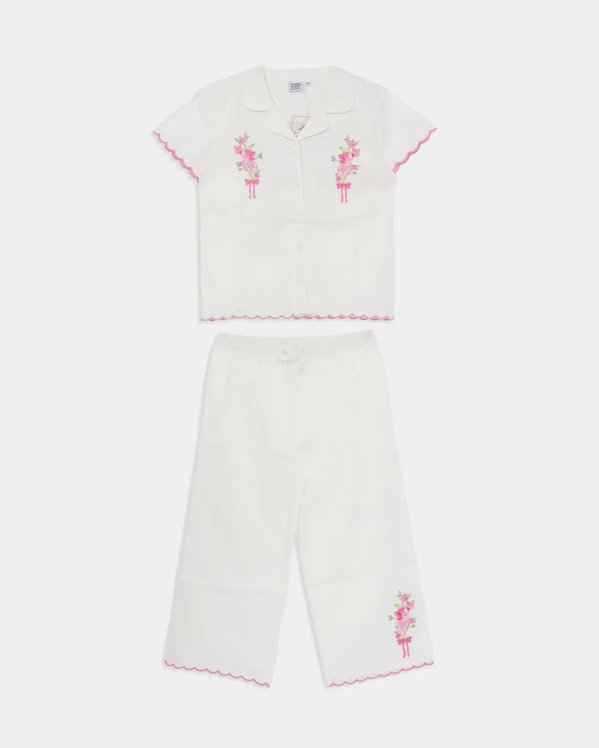 2pk Girls Floral Embroidery Scalloped Short Sleeve Top &  Pants  Pajama Set