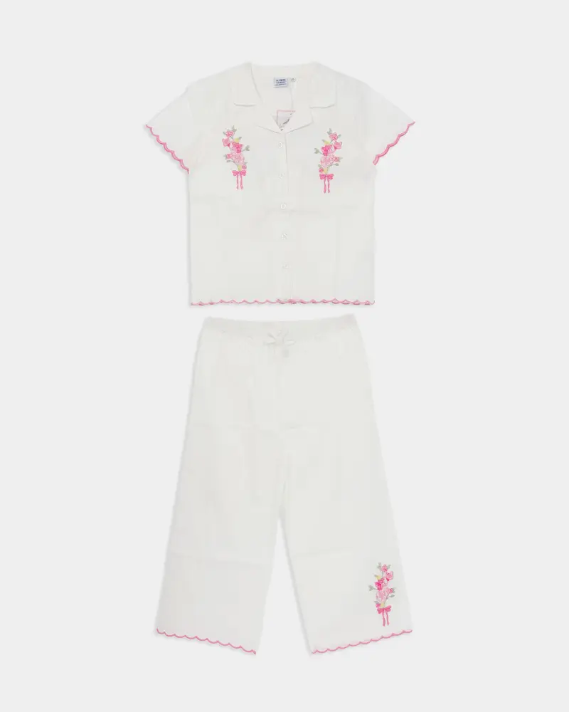 2pk Girls Floral Embroidery Scalloped Short Sleeve Top &  Pants  Pajama Set