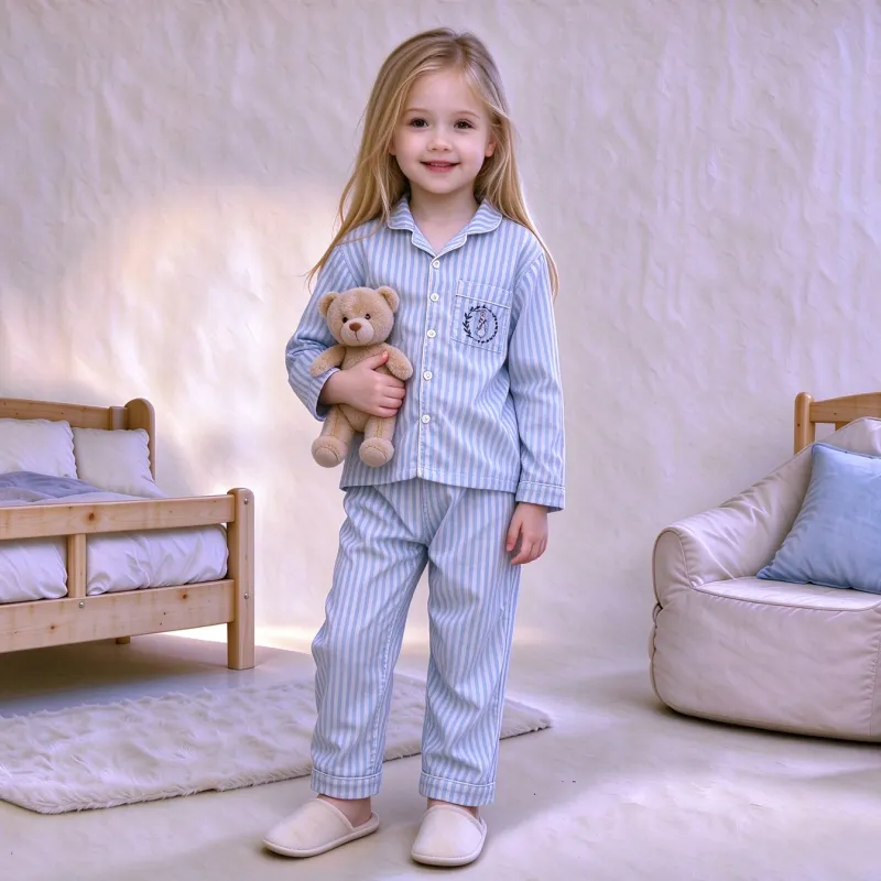 2pk Girls Striped Long Sleeve Button Down Top & Pants Pajama Set
