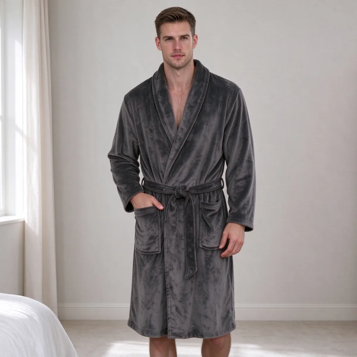 Men's Plush Fleece Shawl Collar Bathrobe with Belt & Pockets