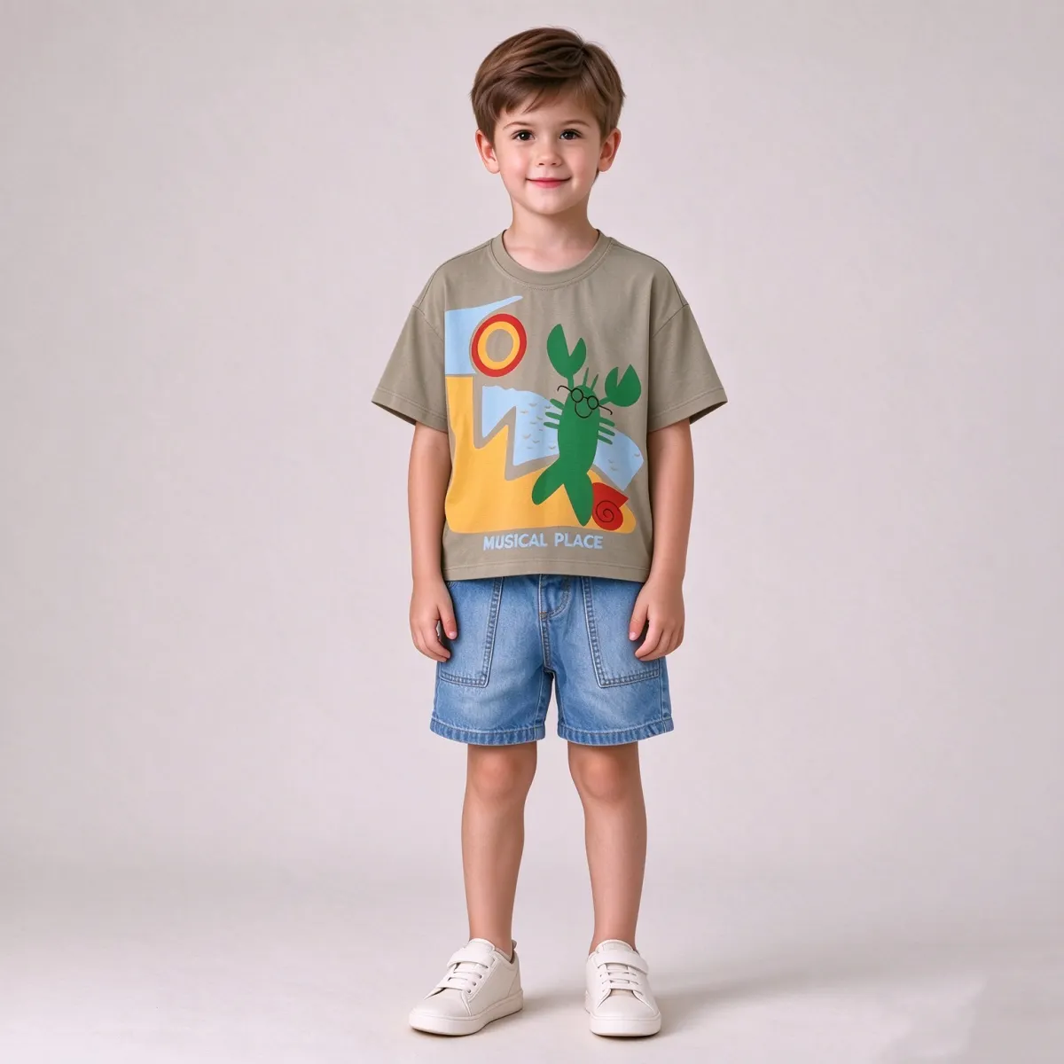 2pk Boys Summer Outfit, Cartoon Lobster Print Tee + Denim Shorts