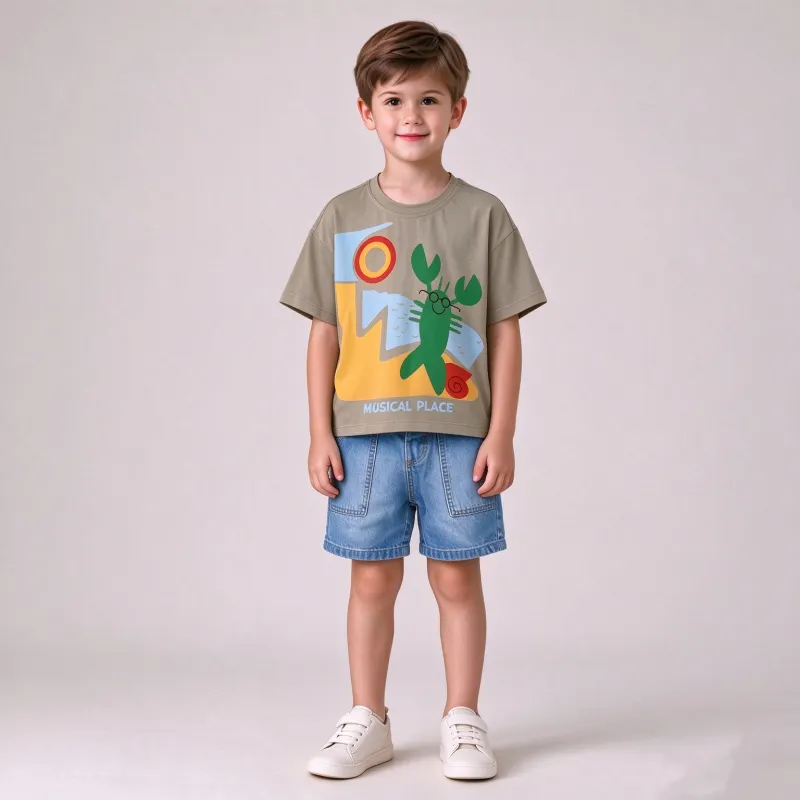 2pk Boys Summer Outfit, Cartoon Lobster Print Tee + Denim Shorts
